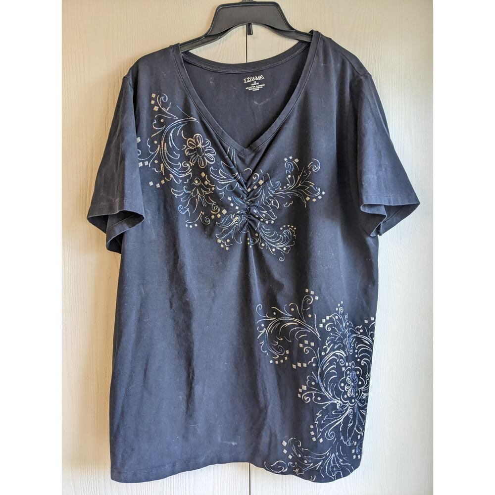 Liz & Me Women's Black Short Sleeve V-neck Printed T-shirt Top Size 1X